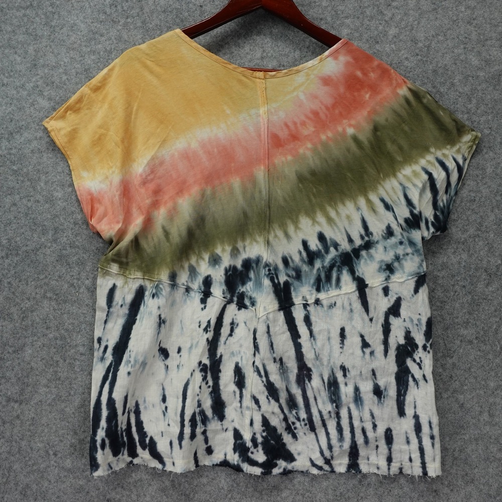 Diagonal Tie Dye V Neck Linen Cotton Womens Blouse L Multi Color Boho Artsy XCVI